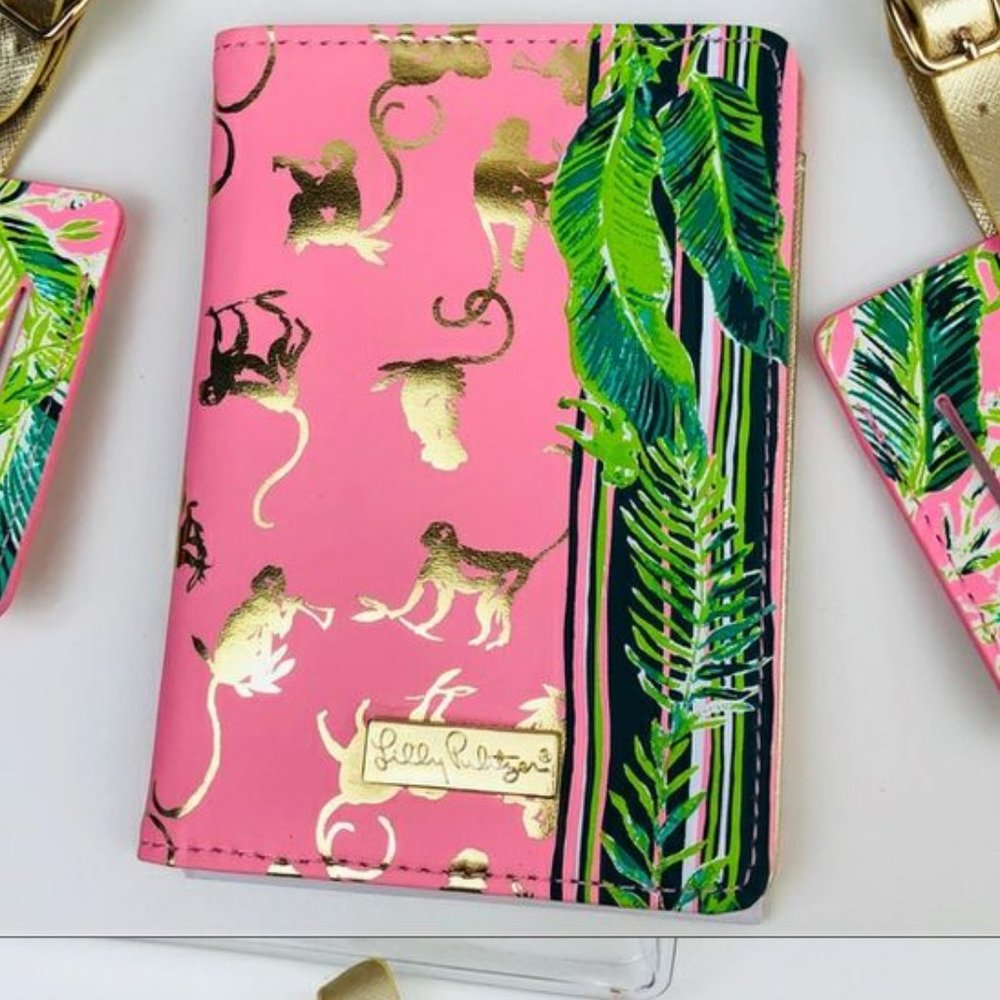 Lilly Pulitzer vegan leather pink and green monkey print passport cover